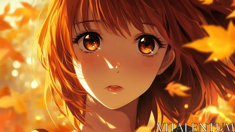 Autumn-eyed girl caught in a swirling golden leaf hush.
