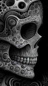 Skull profile rendered with dense monochrome spiral patterns