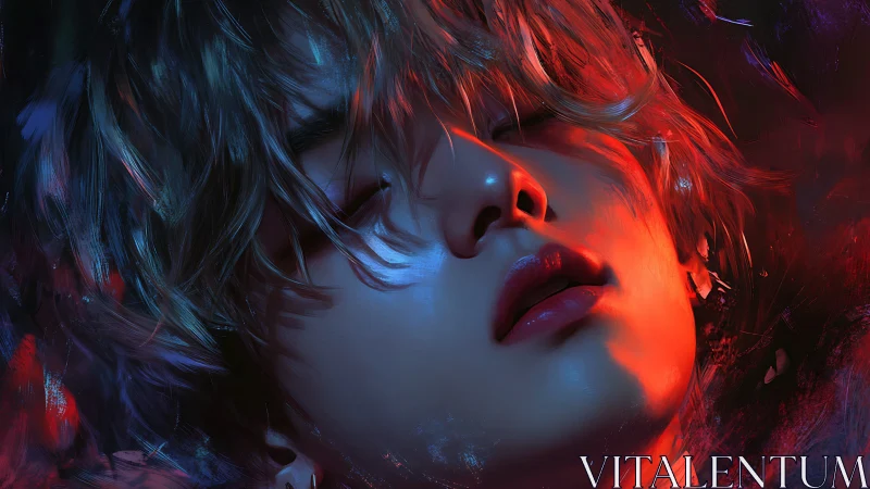 Cinematic close-up portrait uses dual-color rim lighting on skin