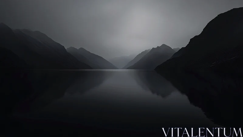 Minimalist nocturne lake with symmetric mountain silhouettes.