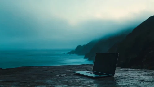 Laptop sits on coastal cliff edge under foggy blue sky