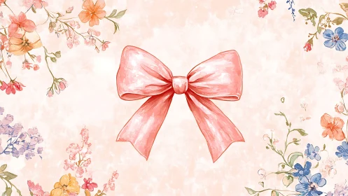 Watercolor Floral Composition with Central Pink Ribbon Bow and Botanical Border Elements