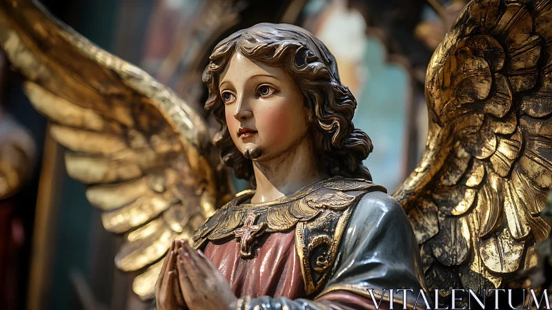 Baroque angel statue in prayer bathed in warm sanctuary light.