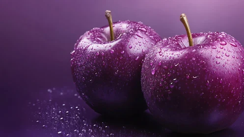 Rich purple apples glow softly with fresh dewy droplets