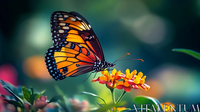 Macro study of monarch butterfly wing pattern on vivid inflorescence