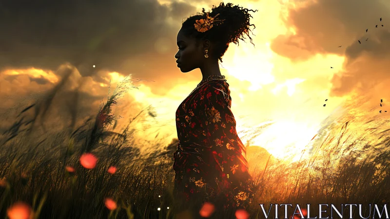 Silhouetted woman in patterned robe against sunset field.
