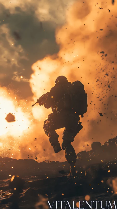 Soldier sprinting through explosion in cinematic battlefield blaze.