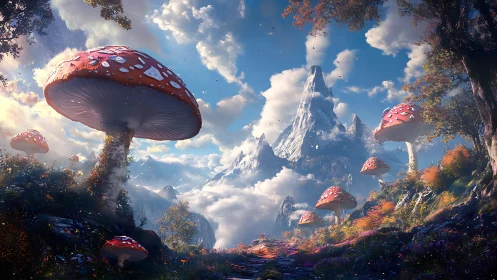 Giant red mushrooms in mountainous fantasy valley landscape.