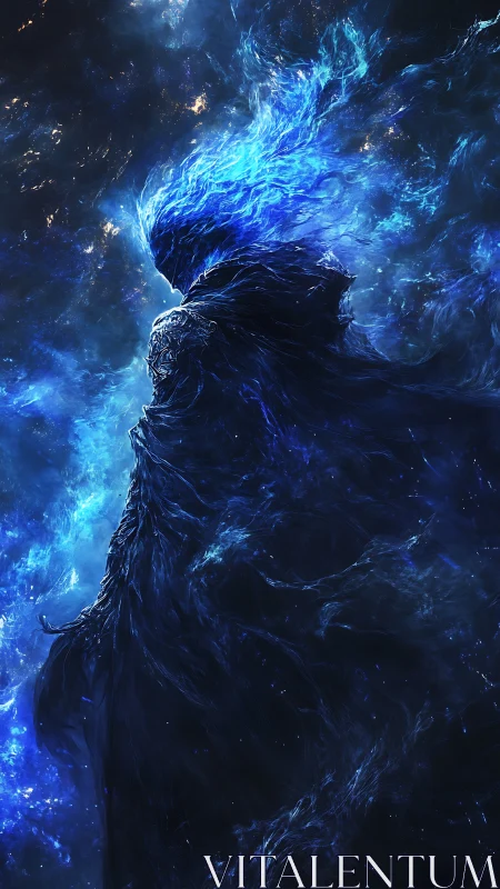 Stellar wraith silhouette in ionized blue plasma cascade.