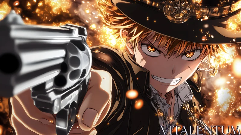 Ballistic anime gunslinger in infernal kinetic close-up.