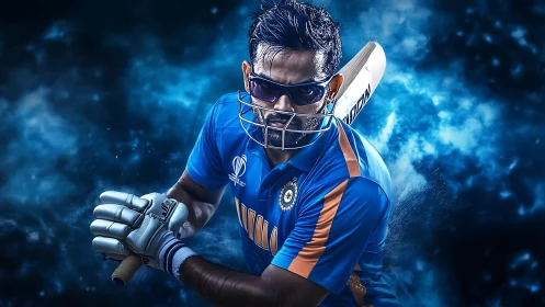 Dynamic cricket batsman portrait in blue energy haze.