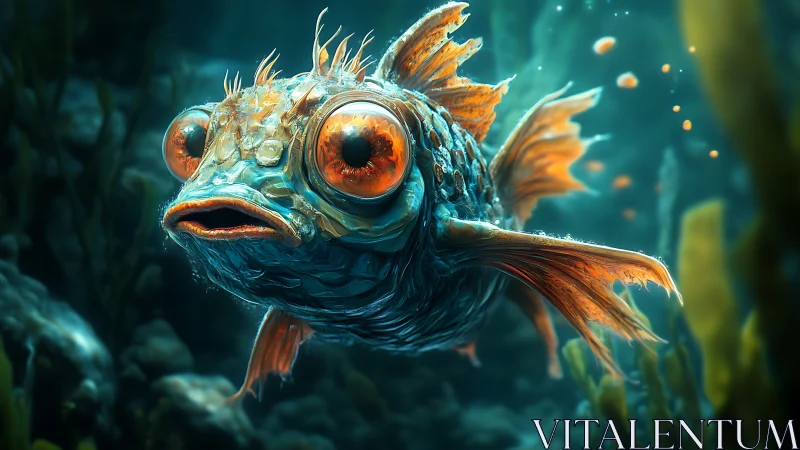 Digital rendering depicts a stylized orange-eyed fish underwater