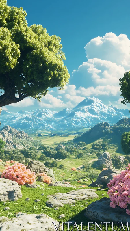 Digital landscape with alpine vista and floral foreground design.