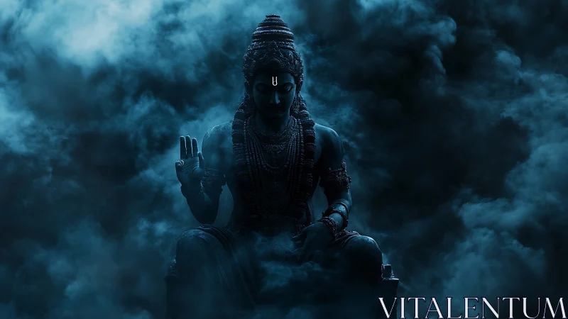 Divine blue-toned deity silhouette in dramatic volumetric fog.