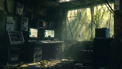 Overgrown abandoned computer workstation in sunlight.