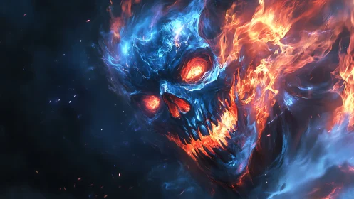 Firestorm skull grins where blue lightning weds molten flame