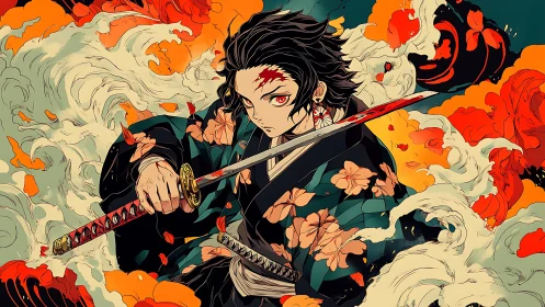 Fiery anime swordsman slashes through swirling elemental waves.