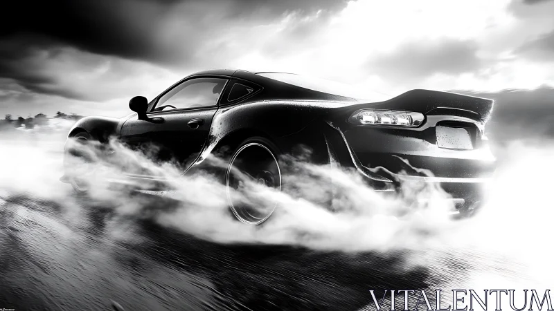 Sleek sports car drifts through stormy smoke on wet asphalt