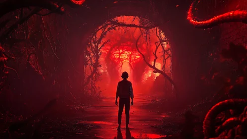 Silhouetted figure in red-lit overgrown tunnel environment.