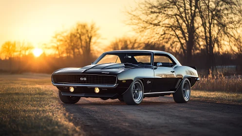 Restored late-1960s muscle car framed by low-angle sunset backlight
