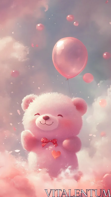 Blush-cloud teddy bear drifting skyward with rosy balloon dreams.