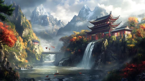 Majestic mountain temple overlooks misty river valley at dawn