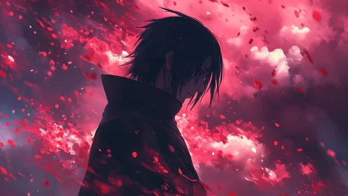 Solitary anime figure dissolves into luminous crimson storm
