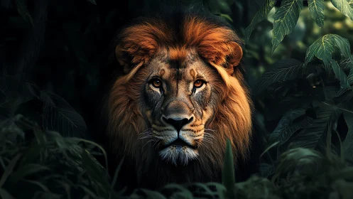 Majestic male lion emerging from shadowed jungle foliage.