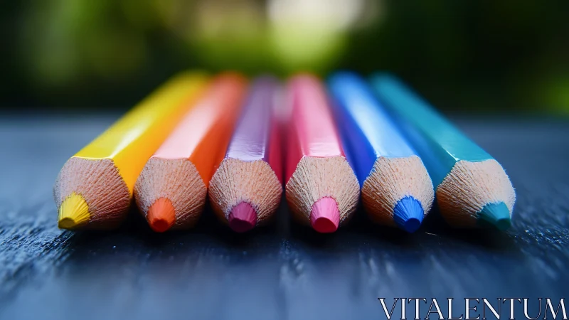 Row of sharpened colored pencils on dark flat surface.