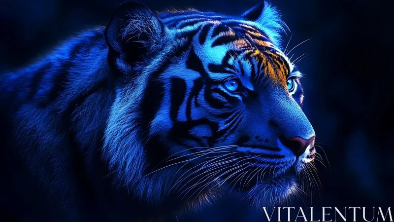 Bioluminescent blue tiger portrait under high contrast rim light