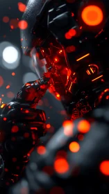 Neon embers drift while a cyber soldier recalibrates silence