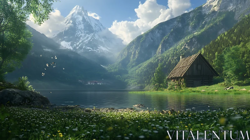 Quiet lakeside cabin nestles below a sunlit alpine peak