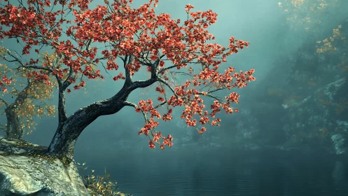 Autumnal lakeside tree rendered in atmospheric digital detail.