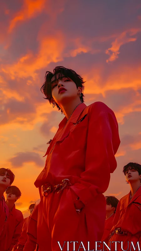 Crimson-clad youth group under blazing orange twilight sky.