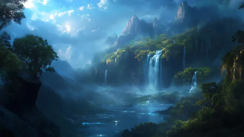 Mountain basin with waterfalls under diffuse blue light.