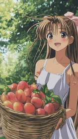 Smiling anime girl carries woven basket loaded with ripe apples