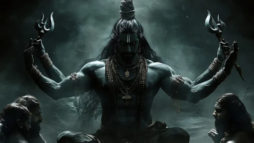 Four-armed blue-skinned figure with tridents in dark setting.