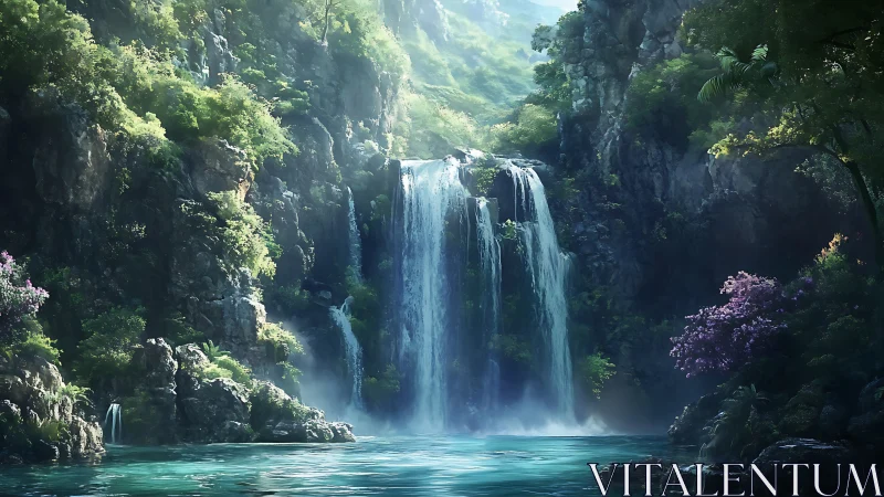 Lush tropical waterfall pouring into tranquil turquoise pool.