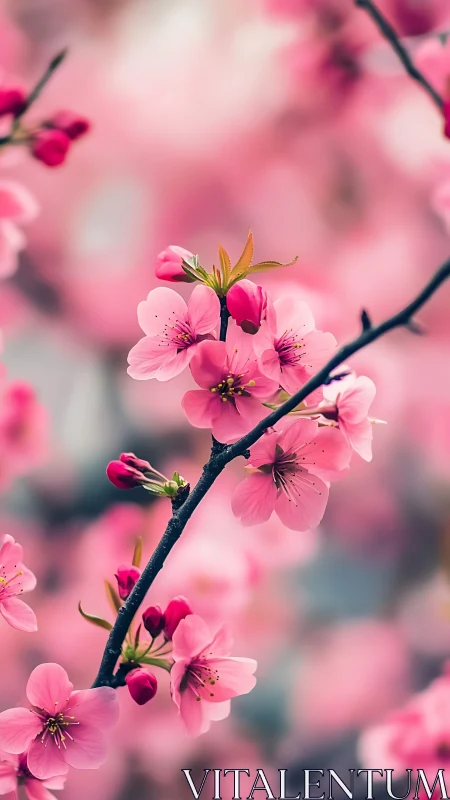 Pink Cherry Blossoms Dancing on a Dark Branch