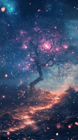 Luminescent tree beside glowing path under starry sky.