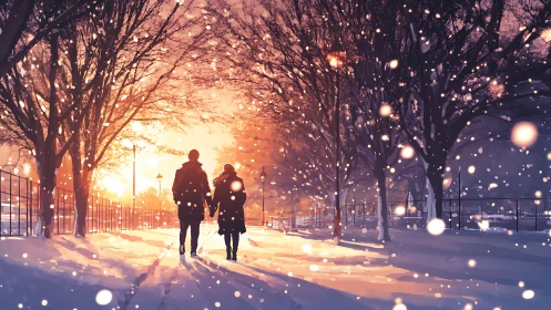 Couple walks through glowing winter snowfall at sunset