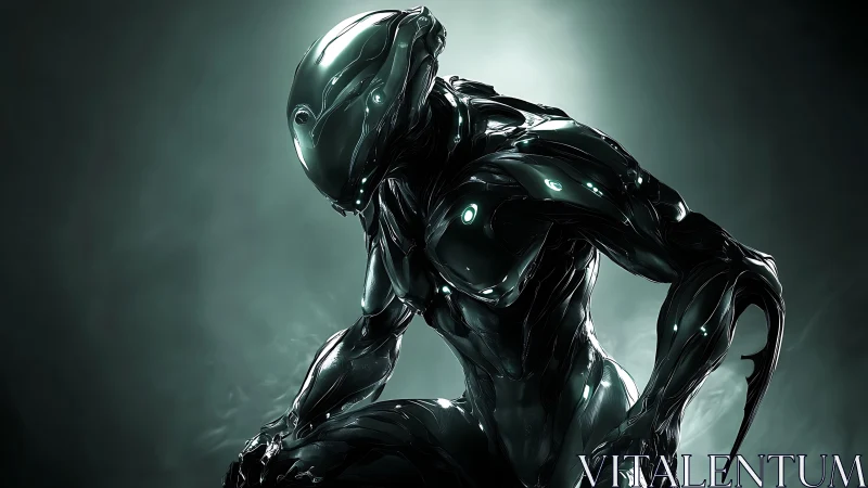 Crouching biomechanical warrior kneels under cold rim light