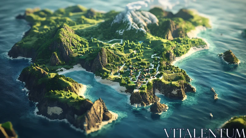 Verdant Coastal Archipelago Rendered Through Miniature Landscape Compression Technique