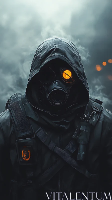 Hooded gas mask wanderer stands in smoky postwar haze.