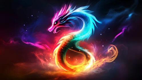 Chromatic energy dragon coiled in neon elemental flames.