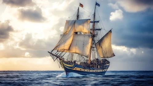 Sunlit tall ship racing dawn clouds across restless seas.