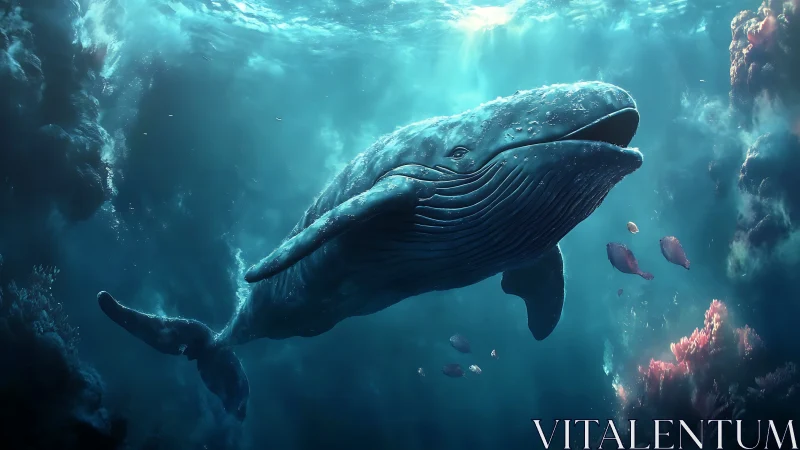 Gentle blue whale gliding through a sunlit coral sea.