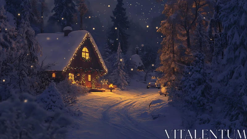 Snowy forest cabin glowing with warm festive lights at dusk.