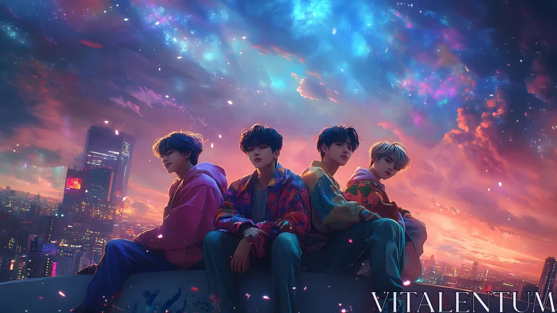 Four youths on rooftop edge under vivid twilight sky.