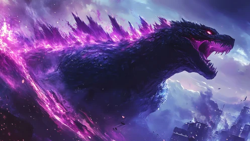 Radioactive kaiju roars over neon-lit stormy skyline.